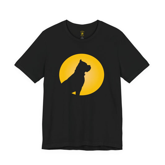Black t-shirt with yellow dog silhouette and moon design on a white background