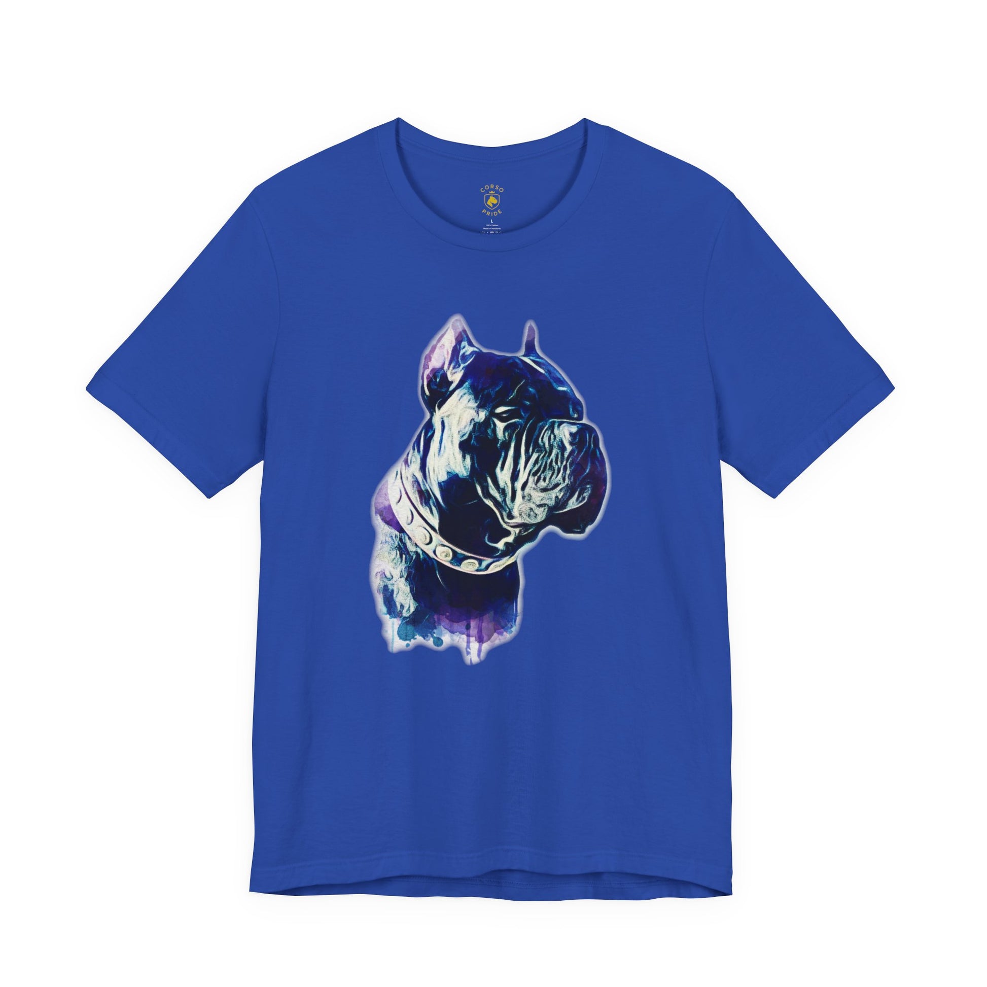 Blue t-shirt with a cane corso dog graphic on a white background