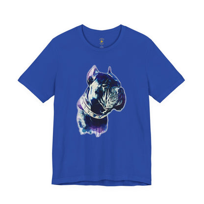 Blue t-shirt with a cane corso dog graphic on a white background