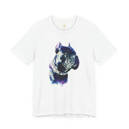 White t-shirt with a colorful cane corso dog graphic on a white background