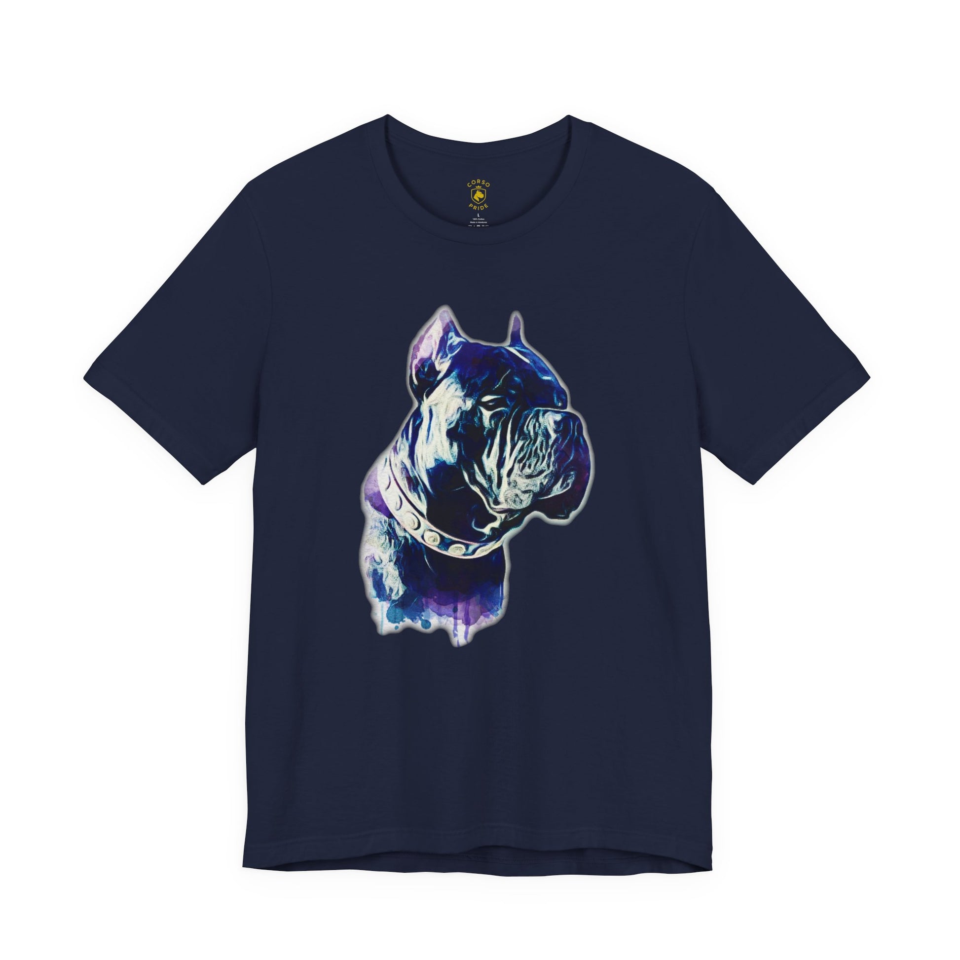 Navy blue t-shirt with a colorful cane corso graphic on a white background